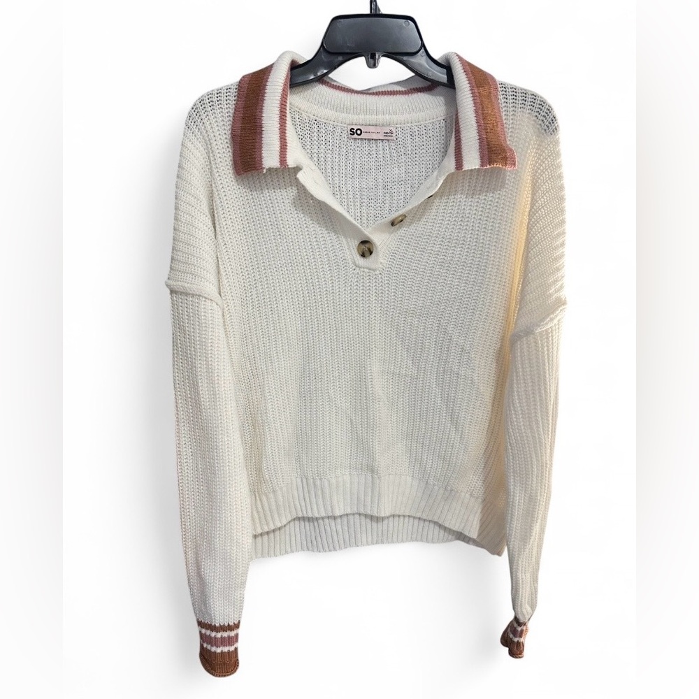SO Women's Cream V-Neck Sweater with Pink and Brown Stripes